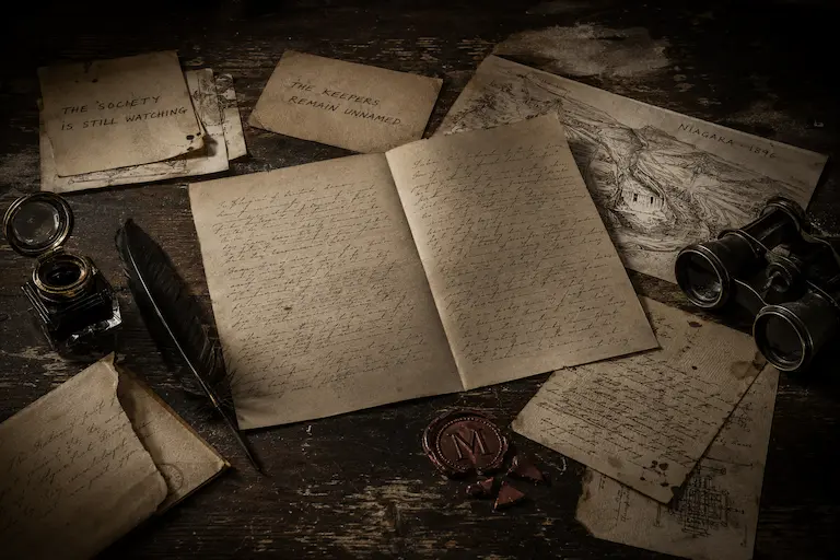 Montague Society writing desk with notes, quill, ink and field glasses