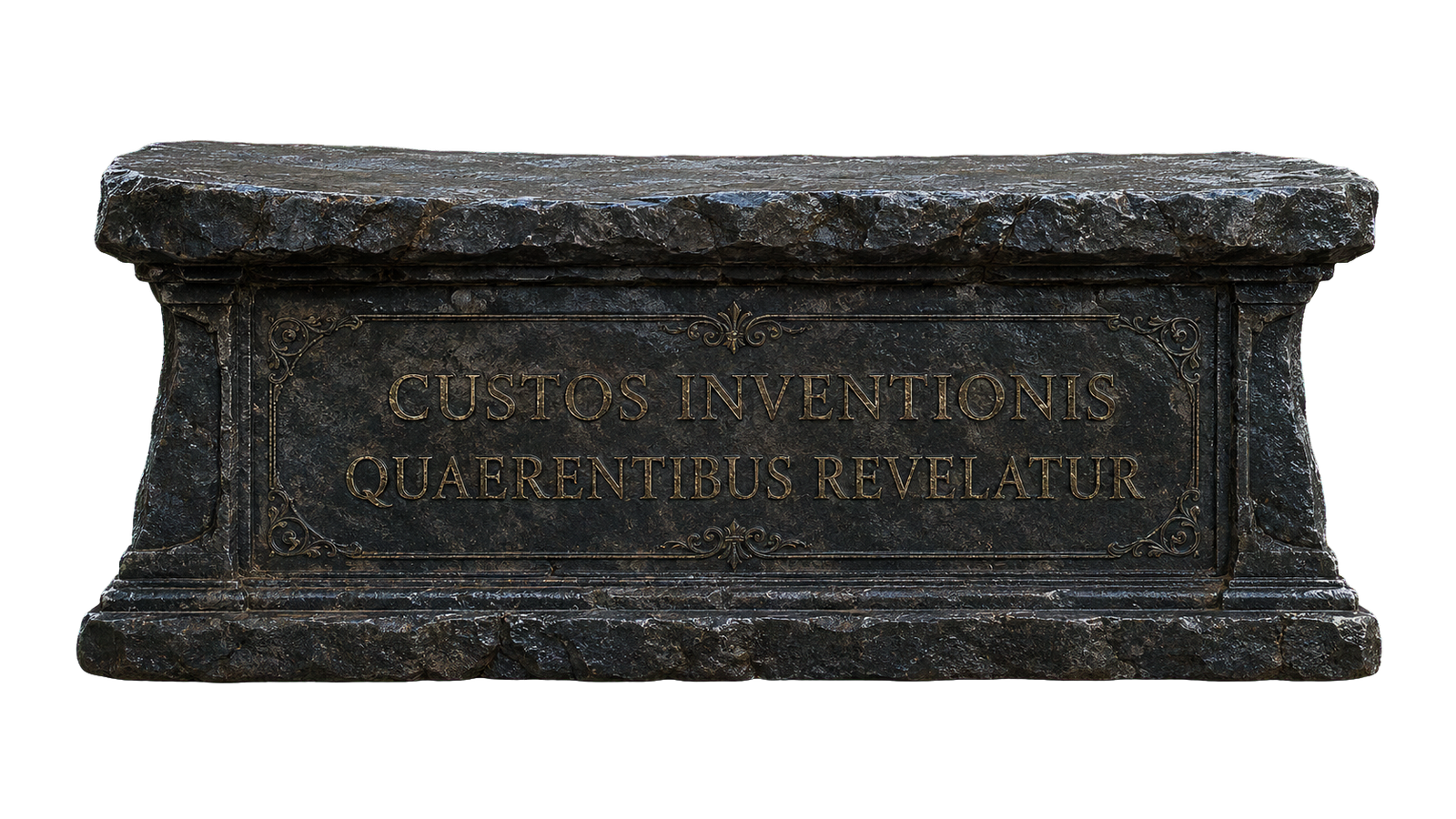 Carved stone: Custos Inventionis — Quaerentibus Revelatur